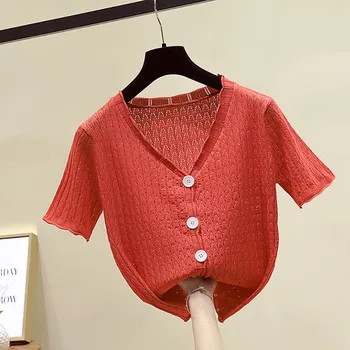 

O Women's Fashion Women Clothes Top Hollow Out Knitted Ice Silk Single Breasted T-shirt Trendy Clothes For Women