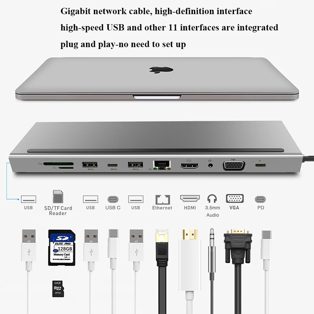 11 в 1 usb хаб док станция для ноутбука Type C к HDMI VGA RJ45 Ethernet USB 3 0 SD/TF кардридер с PD