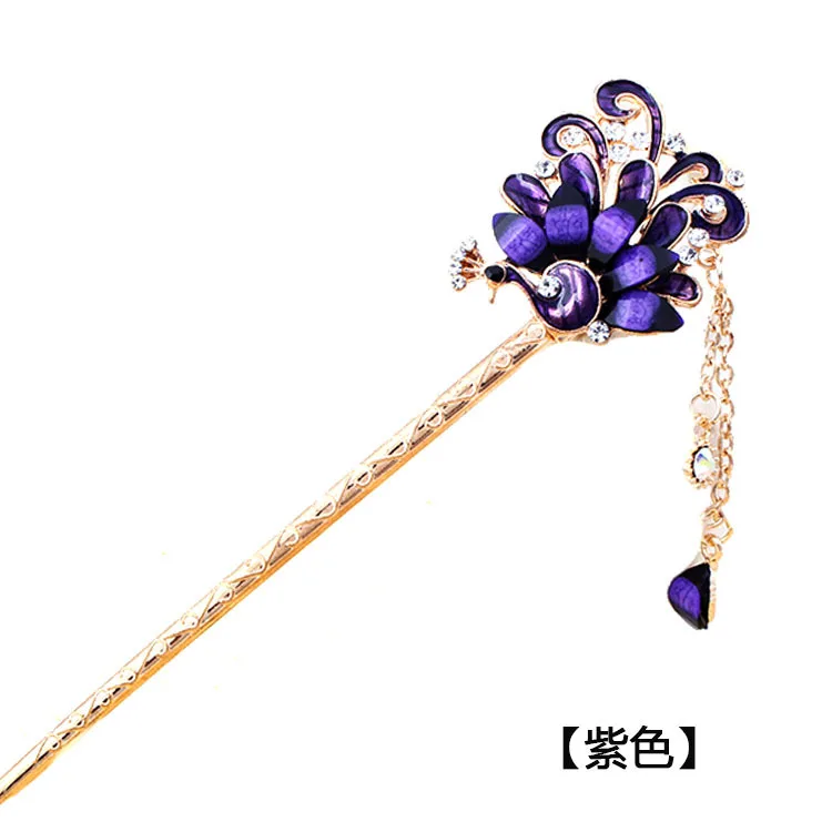 Flowers Peacock Tassels Hair Stick Step Shake Hairpins Drop Oil Vintage Hair Stick Pins for Women Girls Hair Styling Accessories