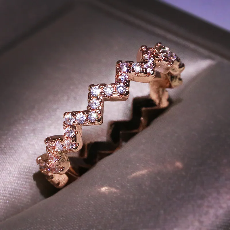 Rose Gold Модное 925 пробы Серебряное волнистое огранка Трендовое женское Полное прозрачное CZ Циркон обещающее обручальное кольцо на палец для женщин модное ювелирное изделие - Main Stone Color: Rose Gold