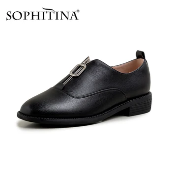 

SOPHITINA Fashion Women Flats Round Toe Shallow Metal Zipper Decoration Cow Leather Comfortable Shoes Office Career Flats PO395