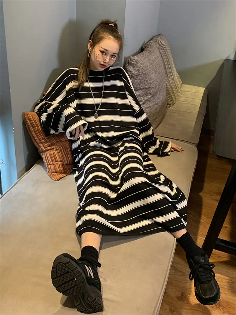 

Striped Loose Large Size Knit Dress 2019 New Autumn Maxi T-shirt Dress Female Tide Casual Sweater Dress Oversized Vestidos f1777