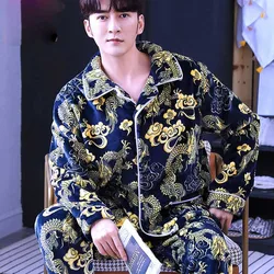 Coral Fleece Men Pajama Set AUtumn Winter Soft Thicken Cartoon Printed Flannel Sleepwear 2pcs/set Tops + Warm Pants Home Clothes