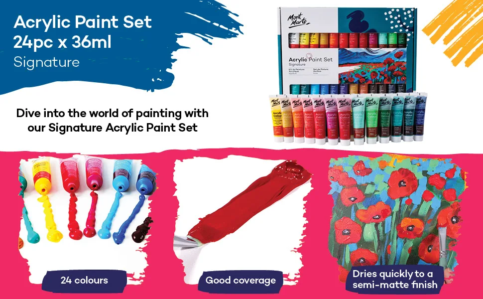 Mont Marte Acrylic Paint Set 24 Colours 36ml, Perfect for Canvas, Wood,  Fabric, Leather, Cardboard, Paper, MDF and Crafts