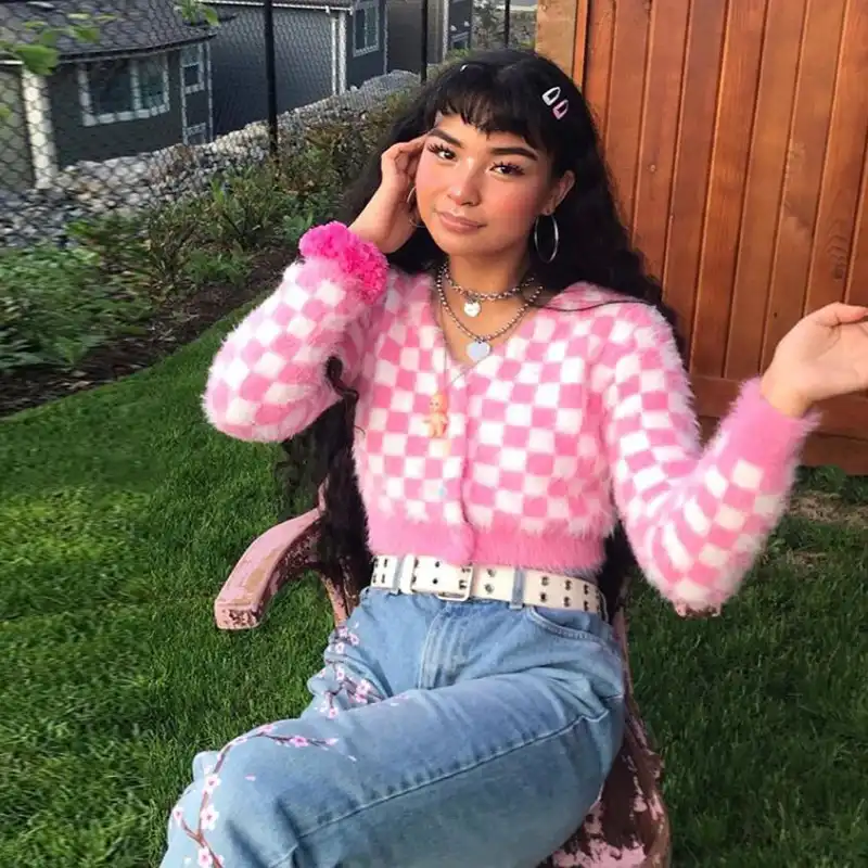 pink checkered cardigan