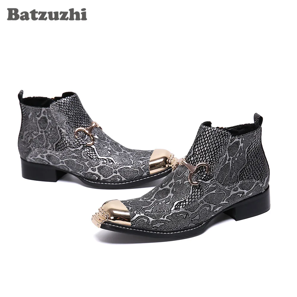 Batzuzhi New Arrival Men Shoes Boots Iron Toe Grey Leather Ankle Boots Zip Designer's Short Boots Party botas hombre!Big Size 46