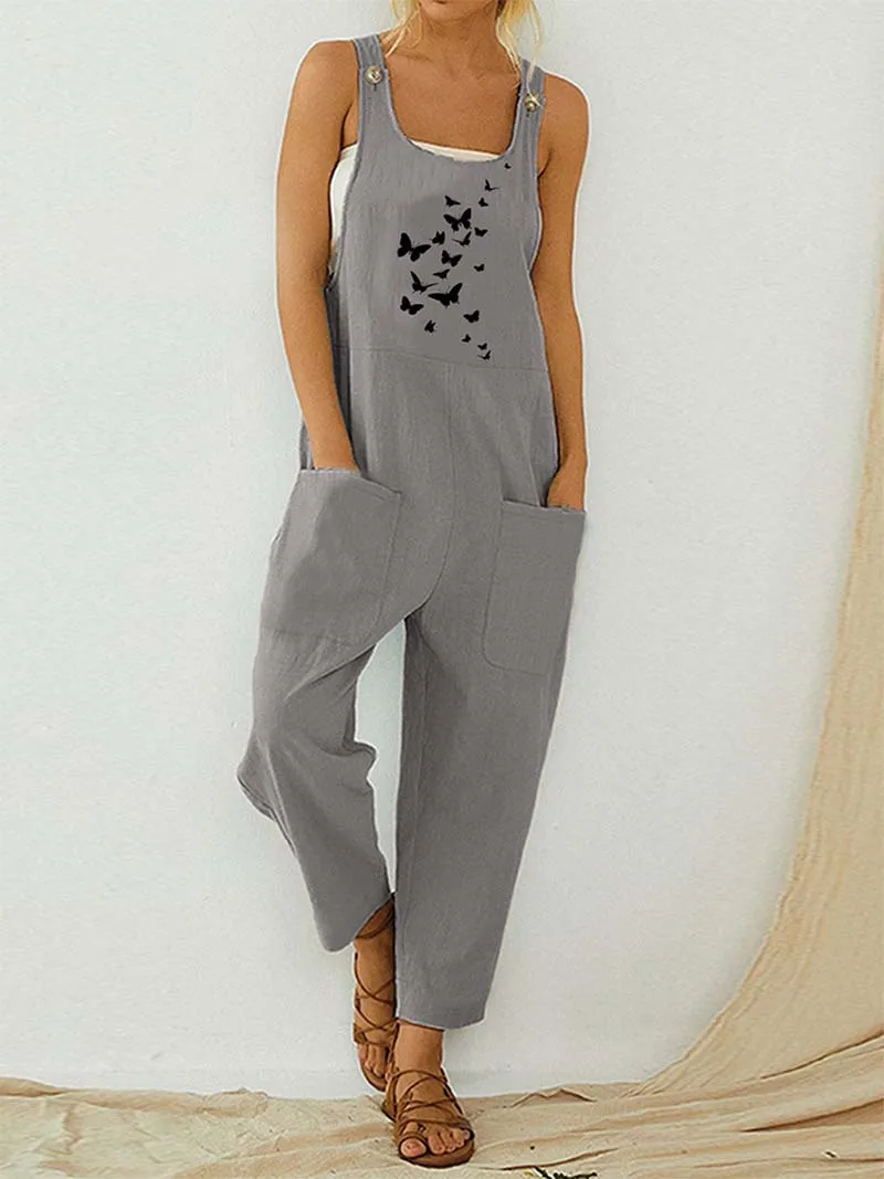 Womens Dungarees Print Rompers 2021 Summer New Ladies Casual Loose Linen Cotton Jumpsuit Sleeveless Pocket Overalls Playsuit