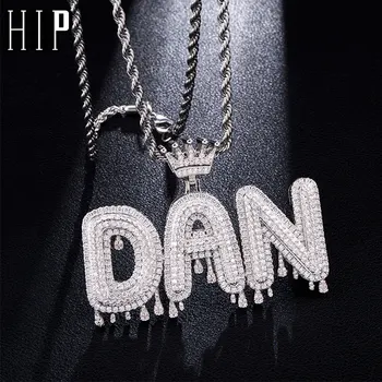 

Hip Hop Custom Name Cubic Zircon Crown Drip Iced Out Bubble Letters Chain Pendants&Necklaces For Men Jewelry Cuban Tennis Chain