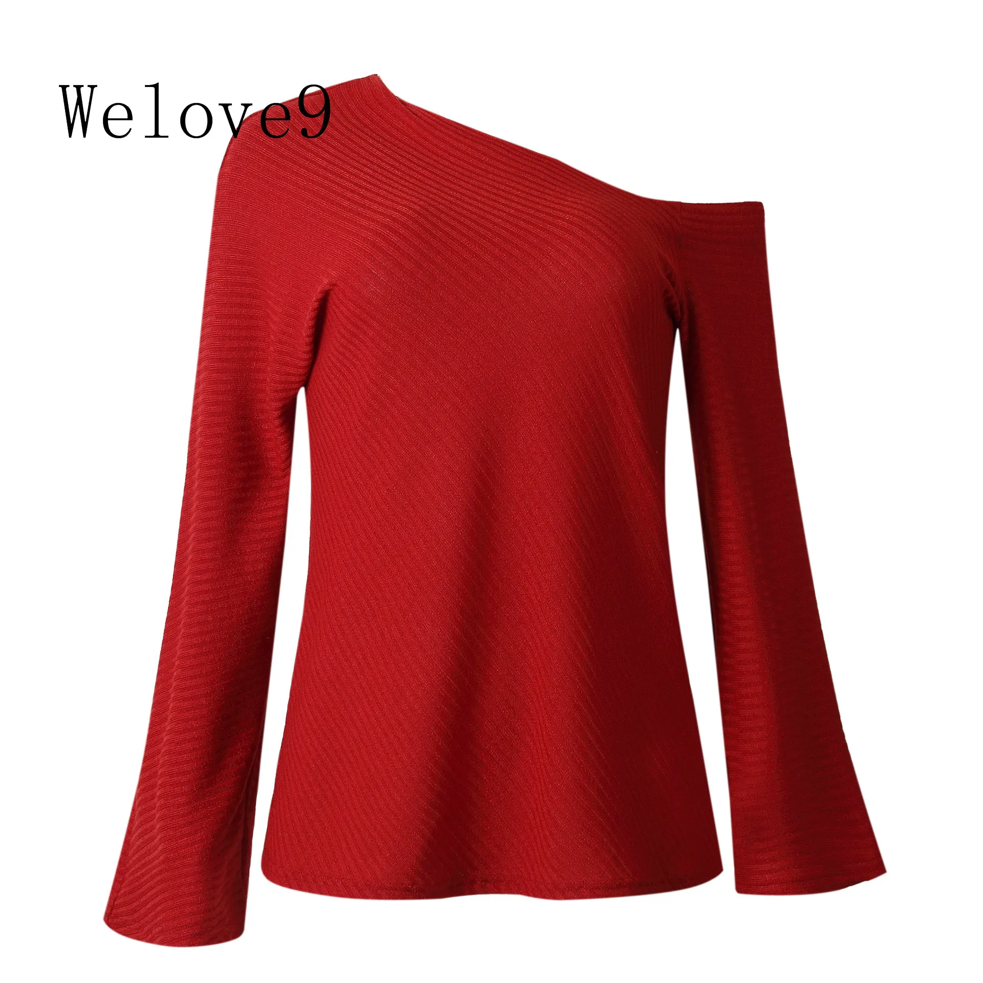 Женский сексуальный свитер с v-образным вырезом на одно плечо с расклешенными рукавами, топы осень, Повседневный свободный длинный рукав, однотонный Красный зимний женский свитер