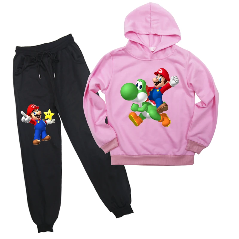 Пуловер «Марио» с капюшоном; детские толстовки с капюшоном; штаны-шаровары для мальчиков и девочек; модное пальто; детская одежда из 2 предметов; повседневная спортивная одежда; костюм для бега - Цвет: Розовый