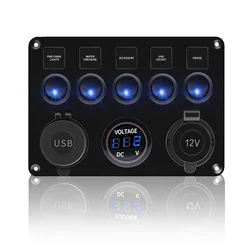 Universal Rocker Toggle Switch Panel with USB Control and Circuit Breaker (5 Gang Blue)