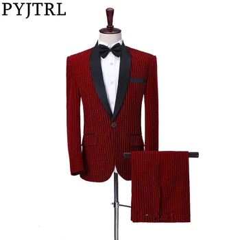 

PYJTRL Autumn Winter Mens 3 Pieces Set Burgundy Black Royal Blue Velvet Strip Suits Wedding Groom Groomsmen Singer Stage Costume