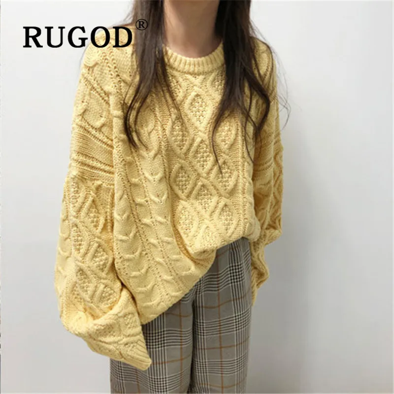 RUGOD, новинка, Зимние поступления, однотонный, желтый, крученый свитер, пуловеры для женщин, Круглый ворот, Аргайл, толстый, вязаный, Модный женский топ