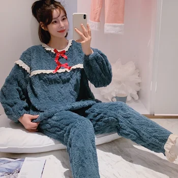 

Winter Women Coral Velvet Pajama Sets Trousers Sweet Bow Lace Hem Flannel Sleepwear Home Cloth Can Be Worn Outside Autumn пижама