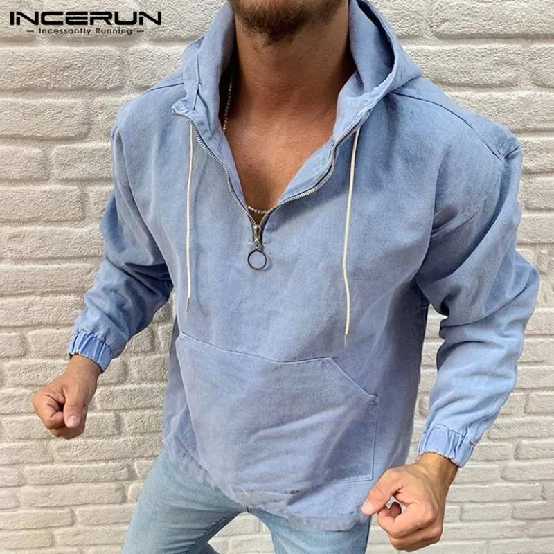 INCERUN, корейский тренд, для мужчин, однотонный, длинный рукав, осень, с капюшоном, пуловер, Повседневный, модный, хлопок, Джокер, для бега, для мужчин, s, на молнии, толстовка