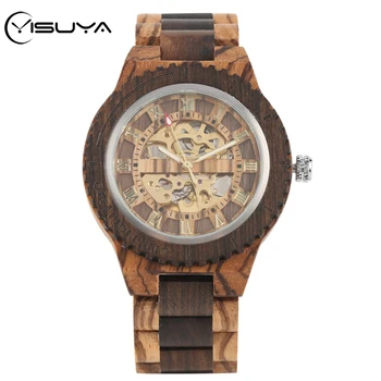 

YISUYA Luxury Wood Watch Mechanical Self-Winding Men's Watches Retro Full Wooden Watchband Roman Numeral Display Automatic Clock