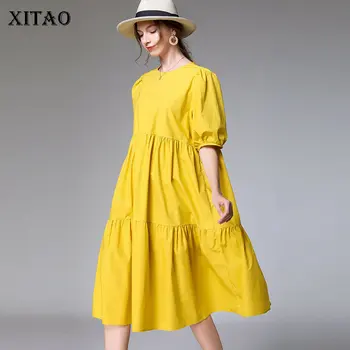 

XITAO Fashion Patchwork Dress Women Plus Size Loose Five-point Sleeve Occident Women Clothes 2020 Summer New Dresses DMY4140