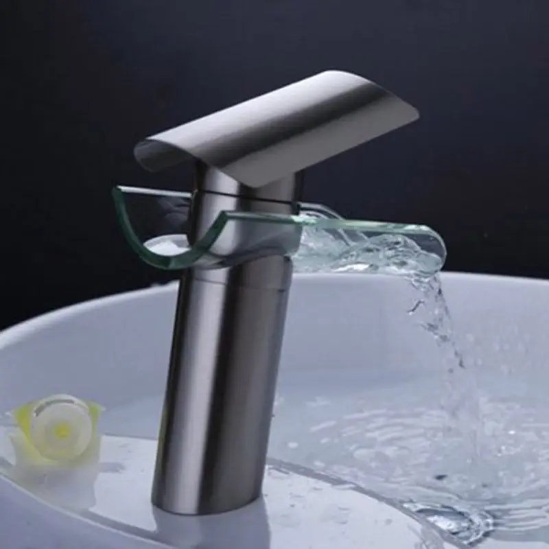 

One Handle Glass Waterfall Bathroom Kitchen Sink Round Basin Faucet Single Lever Mixer Tap