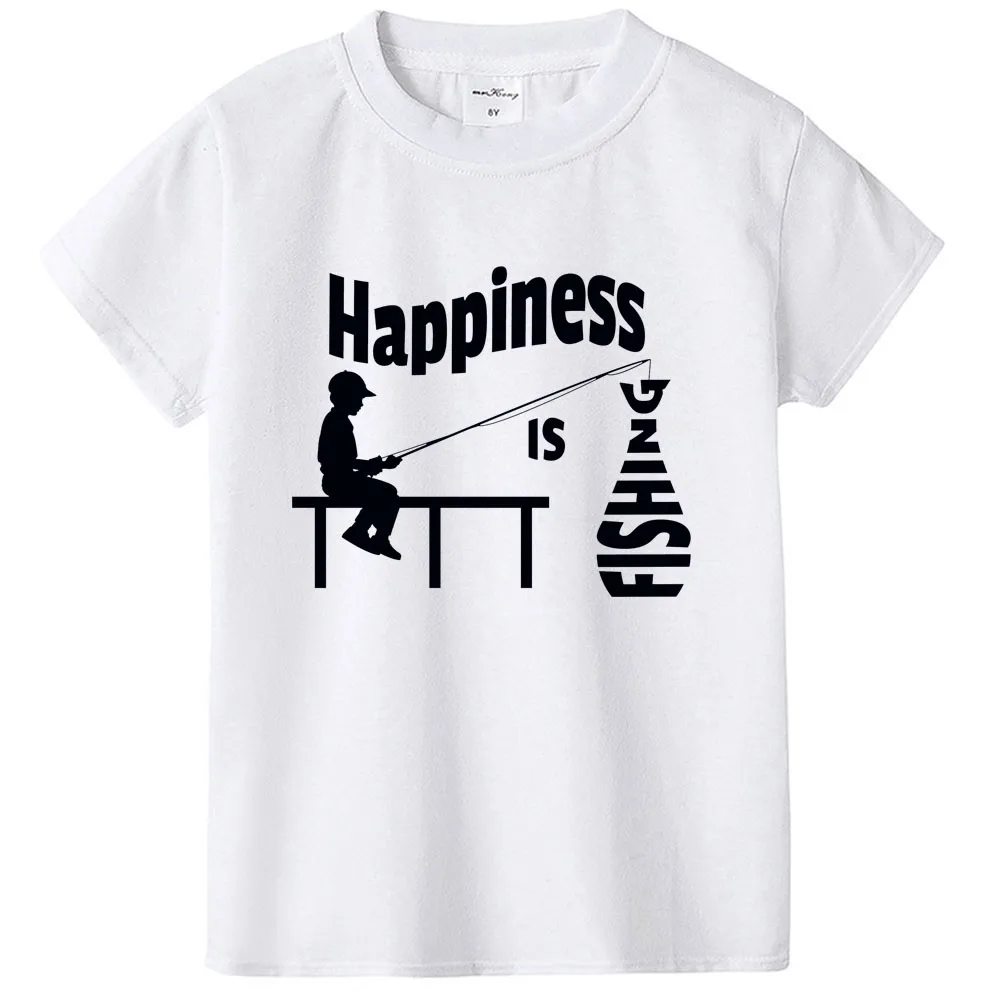 Футболка для отдыха для мальчиков и девочек «Happiness Is Fishing»; летние белые футболки с короткими рукавами и круглым вырезом; повседневные Забавные футболки для малышей