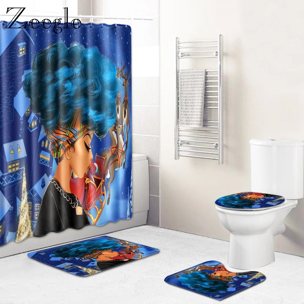 Christmas Curtain Waterproof Shower Curtain 4pcs Bath Mat Set Non-slip Bathroom Doormat Toilet Cover Seat Mat Absorbent Foot Mat