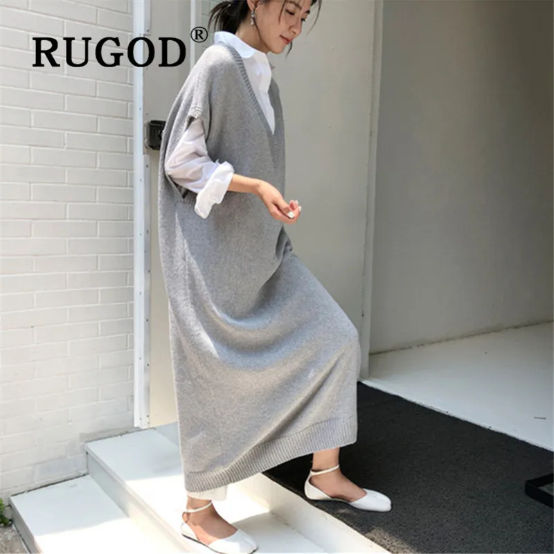 RUGOD зимний жилет корейский стиль v-образным вырезом без рукавов большого размера свитер платье Досуг Серый пуловеры