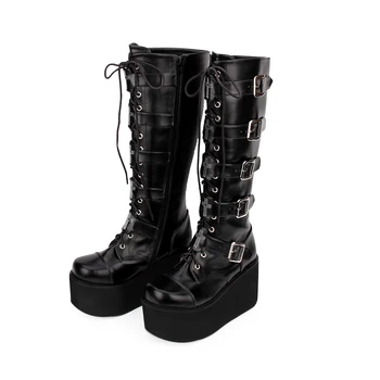 

Sapatos Das Mulheres Black Leather Lolita Knee High Boots High Heels Platform Buckle Strap Punk Motorcycle Wedges Shoes Woman