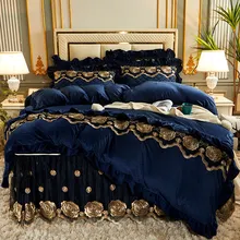 Europeu acolchoado veludo conjunto de capa edredão cama dupla tamanho king size bordado rendas luxo colcha capa cor sólida 2 fronhas macio