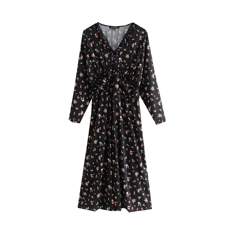

French Non-mainstream Sense of Design Flower Printed Long Sleeve V-neck Dress WOMEN'S Dress New Products Holiday Chiffon Maxi Dr