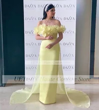 

Elegant Mermaid Prom Dress Flowers Boat Neck Sweep Train Short Sleeve Formal Long Evening Gowns