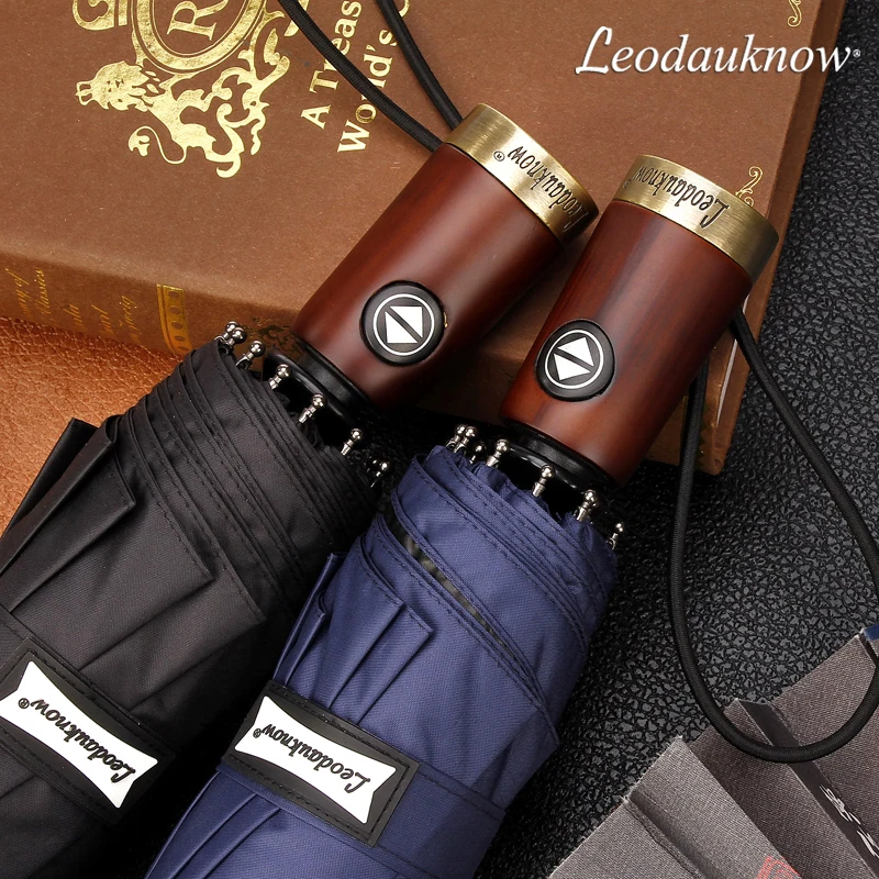 Windproof Business Umbrella Leodauknow Fully Automatic Three Folding Solid Wood Handle Metal Men's Sunny and Rainy