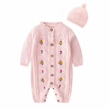 

Baby Girls Rompers Clothes Autumn Pink Floral Knitted Newborn Bebes Sweaters Jumpsuits Winter Warm Toddler Infant Overalls 0-24M