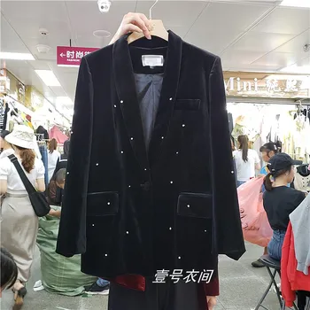 

European Blazer Women 2019 New Velvet Temperament Small Suit V-neck Rhinestone Slim-Fit Fashion Suit Jacket Women's Blazer Coat