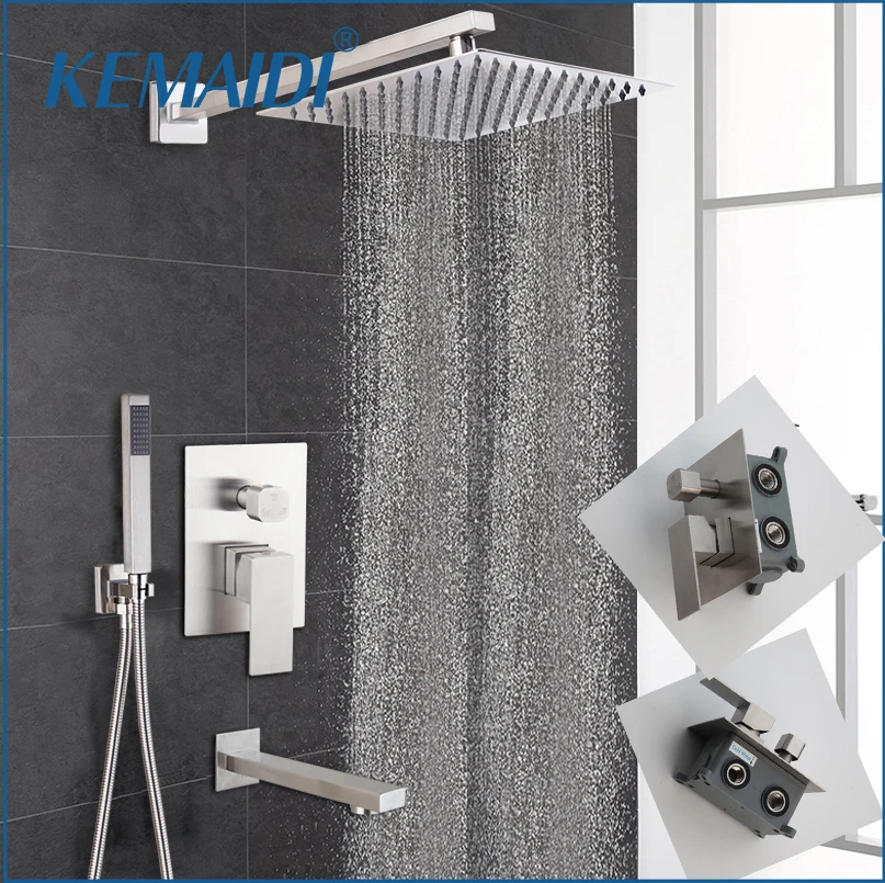 

KEMAIDI Bathroom Shower Faucet Set Nickel Brushed Rainfall Wall Mounted Solid Brass Bathtub Tap Hot Cold Water Mixer Kits