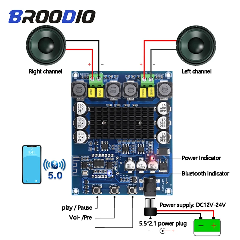 

Bluetooth Digital Amplifier Board TPA3116D2 Bluetooth High Power Audio Class D Stereo Amplifier 2*50W With NE5532 Preamp Pre-amp