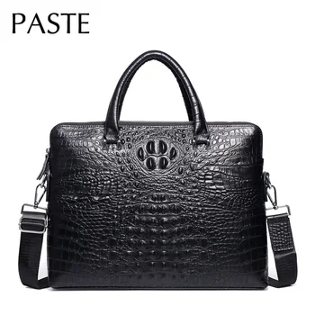 

Double Zipper Design Men Office Handbag Genuine Cow Leather Crocodile Pattern Briefcase Shoulder Bag Cowhide Business Laptop Bag
