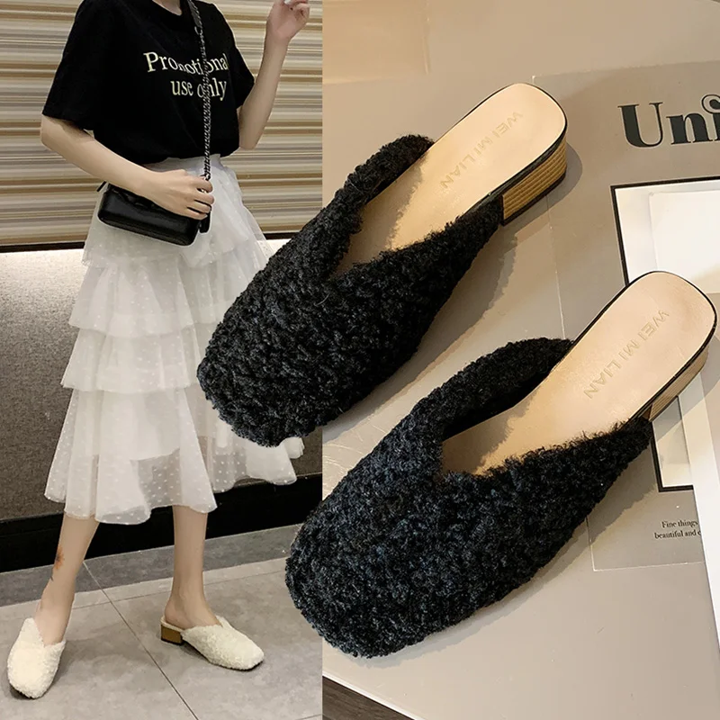 

Shallow Cover Toe Low Square heel Shoes Without Heel Luxury Slides Ladies' Slippers Loafers Pokemon Plush Socofy Block Flat