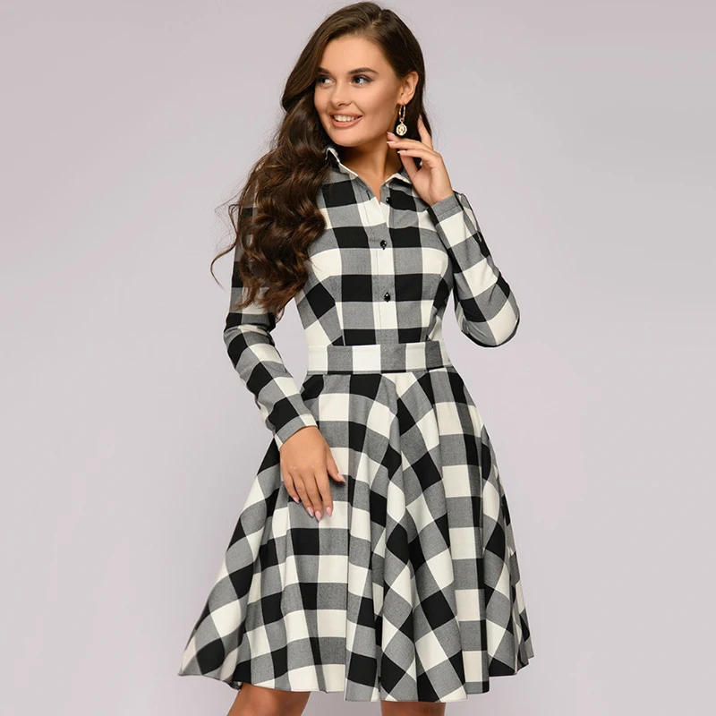 Koop Vrouwen Vintage Plaid Gedrukt Sjerpen A lijn Party Dress Lange Mouwen Turn Down Kraag Elegante Jurk 2019 Herfst Winter Nieuwe Jurk