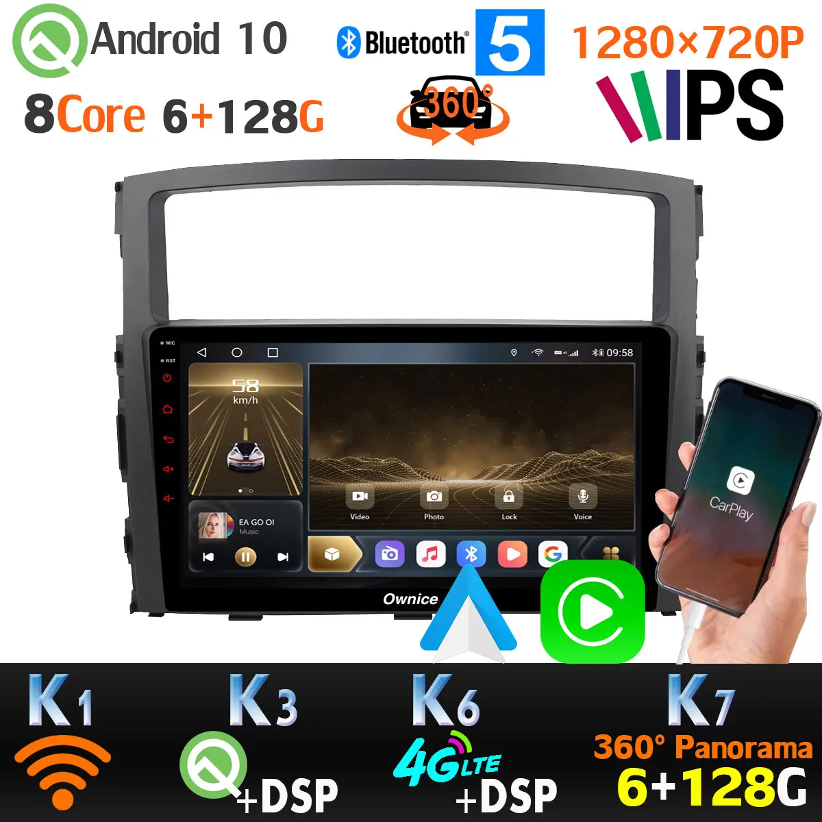 Android 10 1280*720P Car Radio GPS Player For Mitsubishi Pajero V97 V93 2007-2019 Head Unit CarPlay 360 Panorama camera 6G+128G