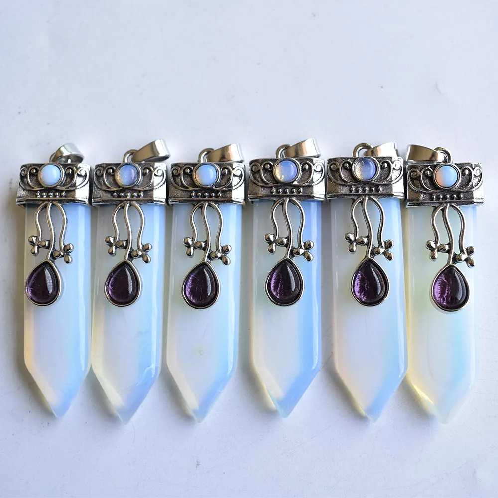 

2021 good quality opal stone crystal point pendulum healing chakra pendant for jewelry making 6pcs/lot wholesale