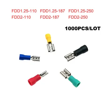 

1000pcs Female insulated crimp terminals FDD1.25-110~2-250 2.8/4.75/6.3mm Electric wiring terminales connector cable 22-10AWG