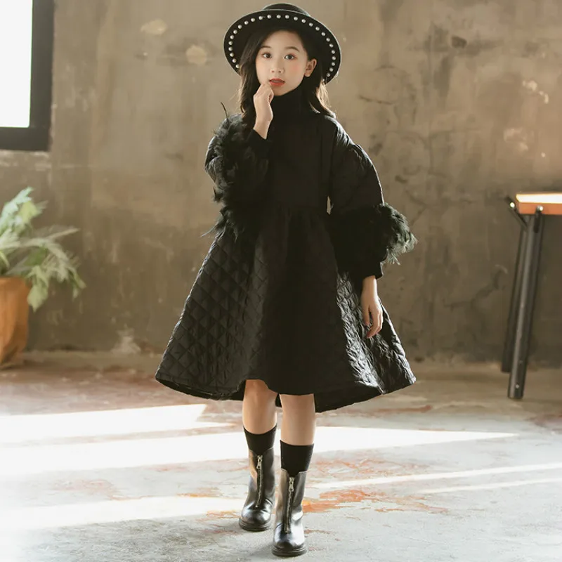 

2019 Winter New Thicken Girls Winter Dress Fashion Patchwork Baby Girls Dress Personality Kids Winter Dress for Girls