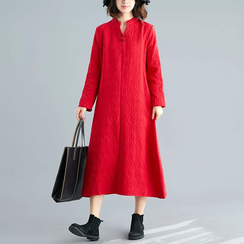 

2019 Autumn And Winter New Style Jacquard Literature And Art Retro Frog Ethnic-Style Mid-length Base Slimming Square Collar Dres