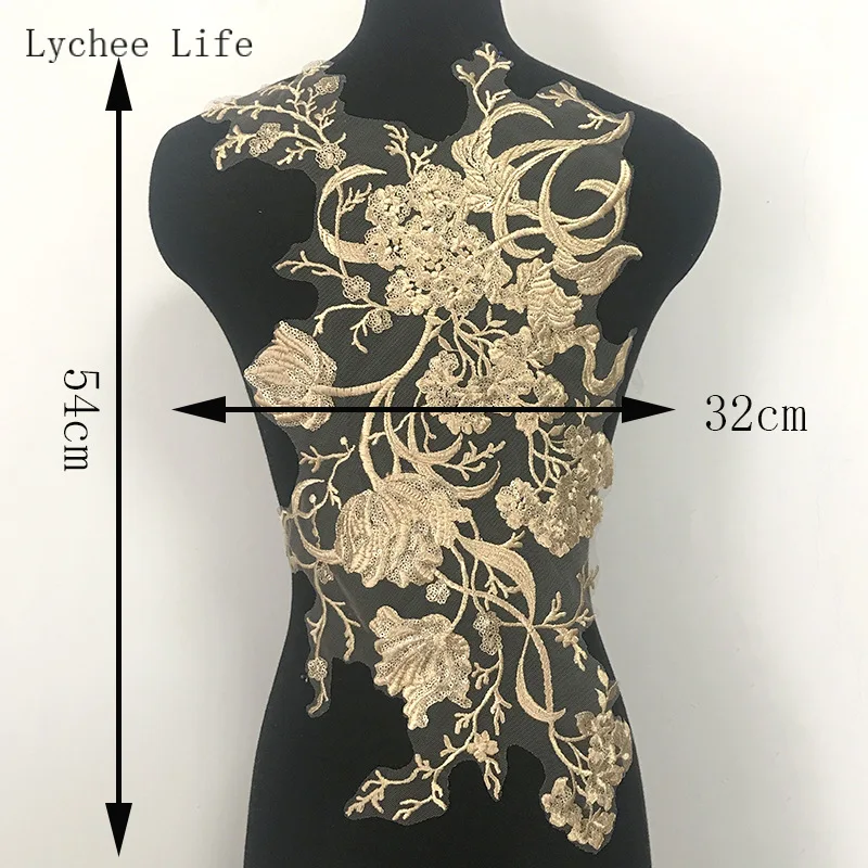 Elegant Gold Embroidery Lace Fabric Applique for DIY Fashion and Decoration