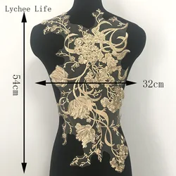 Elegant Gold Embroidery Lace Fabric Applique for DIY Fashion and Decoration (54cmx32cm 701280)