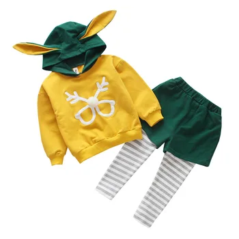 

2Pcs/Sets For Kids Baby Girls Autumn Cartoon Print Ear Hoodie +Striped Fake 2 Piece Pants Costume Set Sweatshirt Long Sleeve