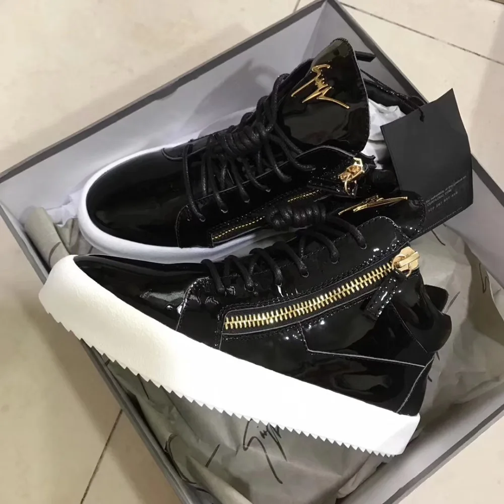 

Authentic Giuseppe x zanotti design Black Patent Leather Mid GZ Flat Sneakers Men and Women Designer Casual Shoes