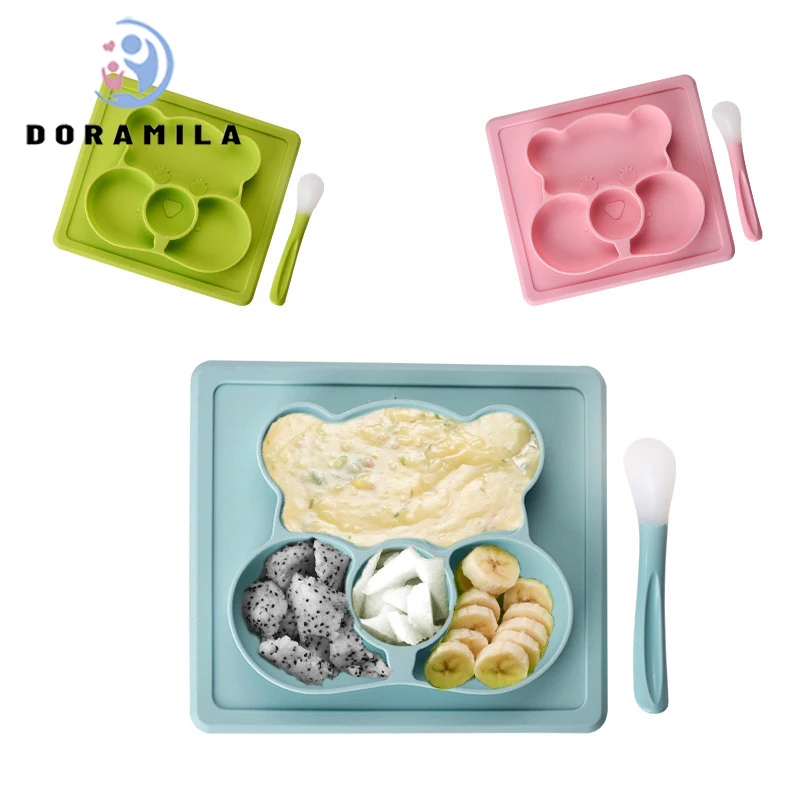 

Baby bear silicone plate high temperature resistant anti drip children's plate baby complementary food plate With spoon