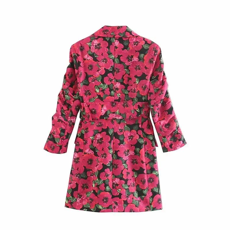 Tanie W stylu Vintage elegancki kwiatowy Print ząbkowany kołnierz Mini sukienka z paskiem 2019 moda eleganckie kobiety sukienki z długim rękawem na co dzień Vestidos