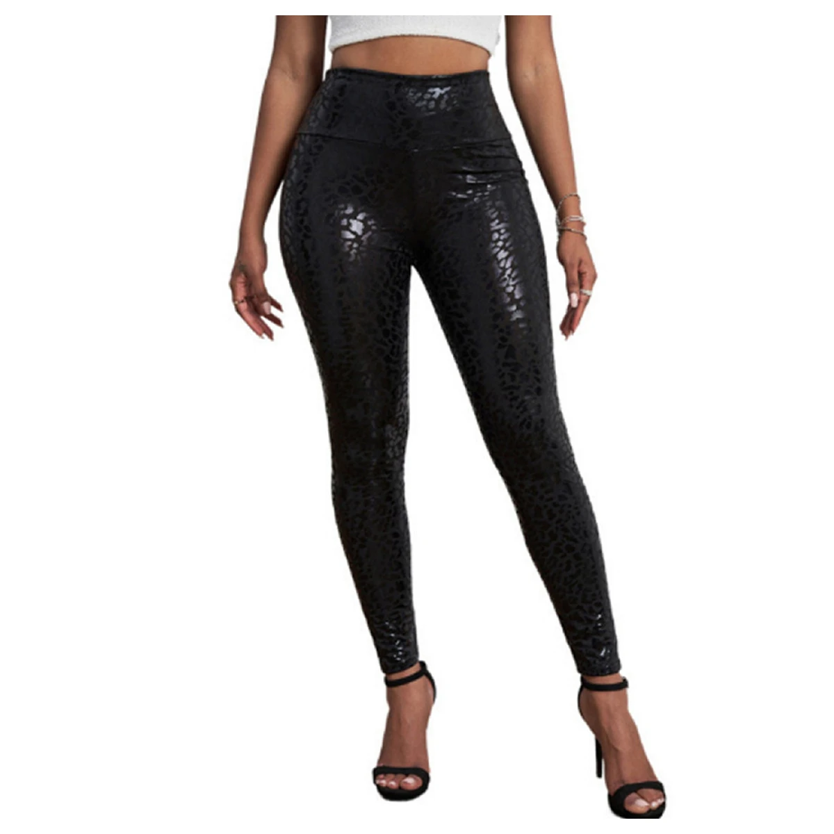 Faux Leather Leggings  Snake Print  Embossed Wide Waistband  Pattern Leopard Print Liquid Shine Tummy Control Yoga Pants ouc820