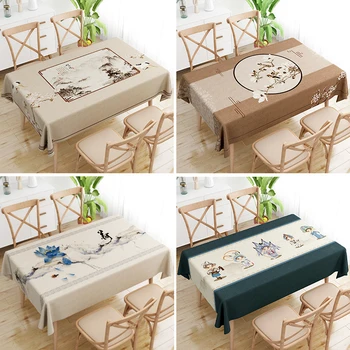 

New Chinese style artificial cotton and linen tablecloth waterproof anti scalding thickened fabric rectangle tea table cloth